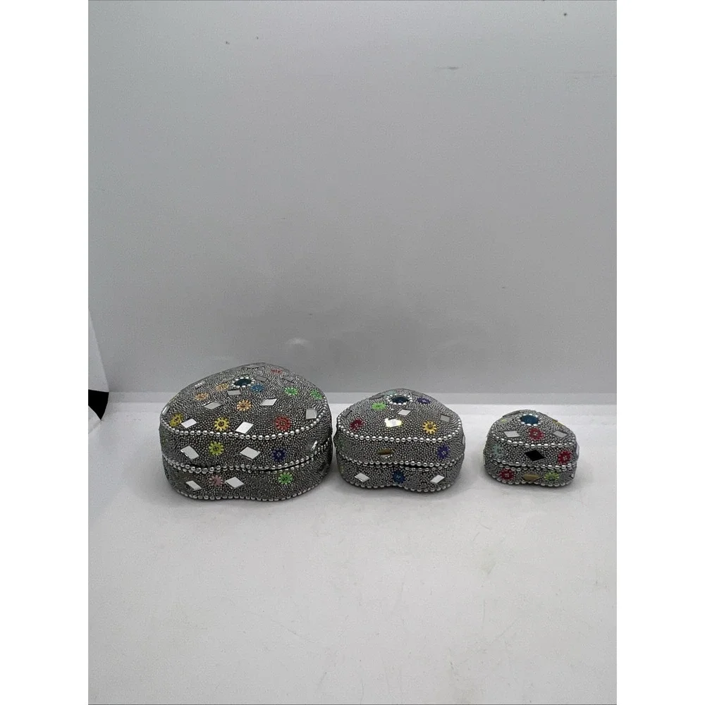 Nesting Trinket‎ boxes (3) Heart, Mirrored & beaded -New Old Stock